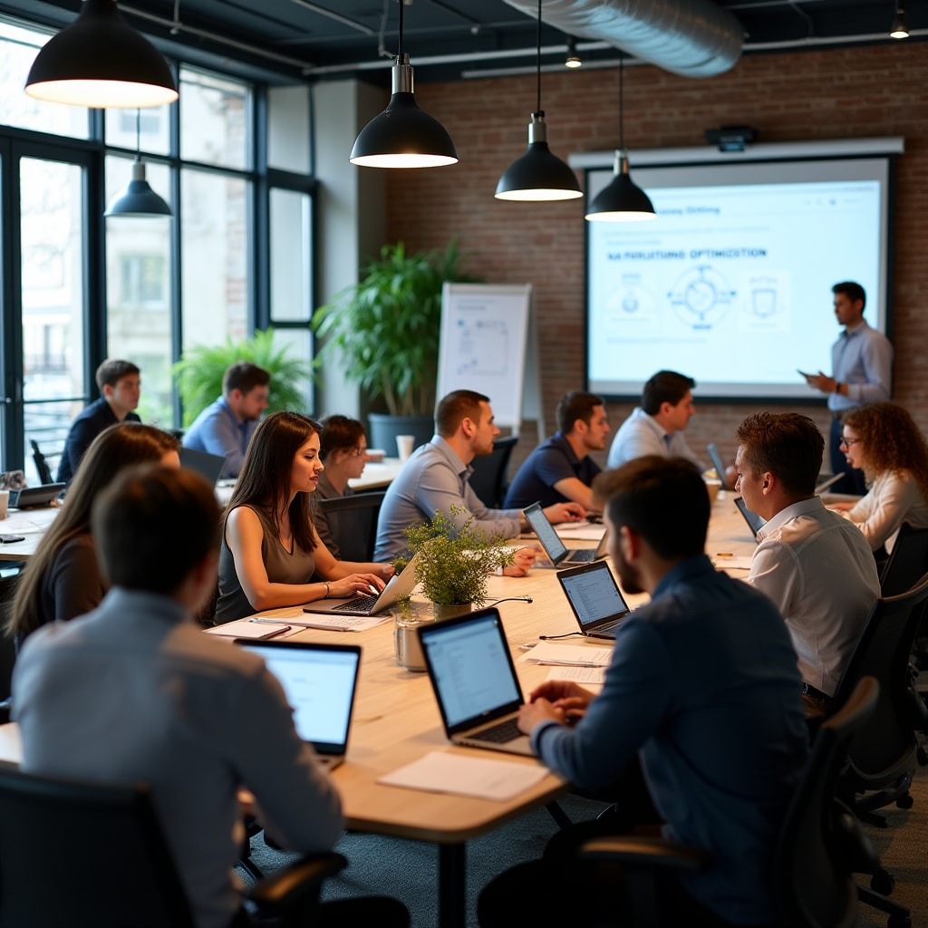 Entorno de taller corporativo con profesionales aprendiendo sobre telecomunicaciones
