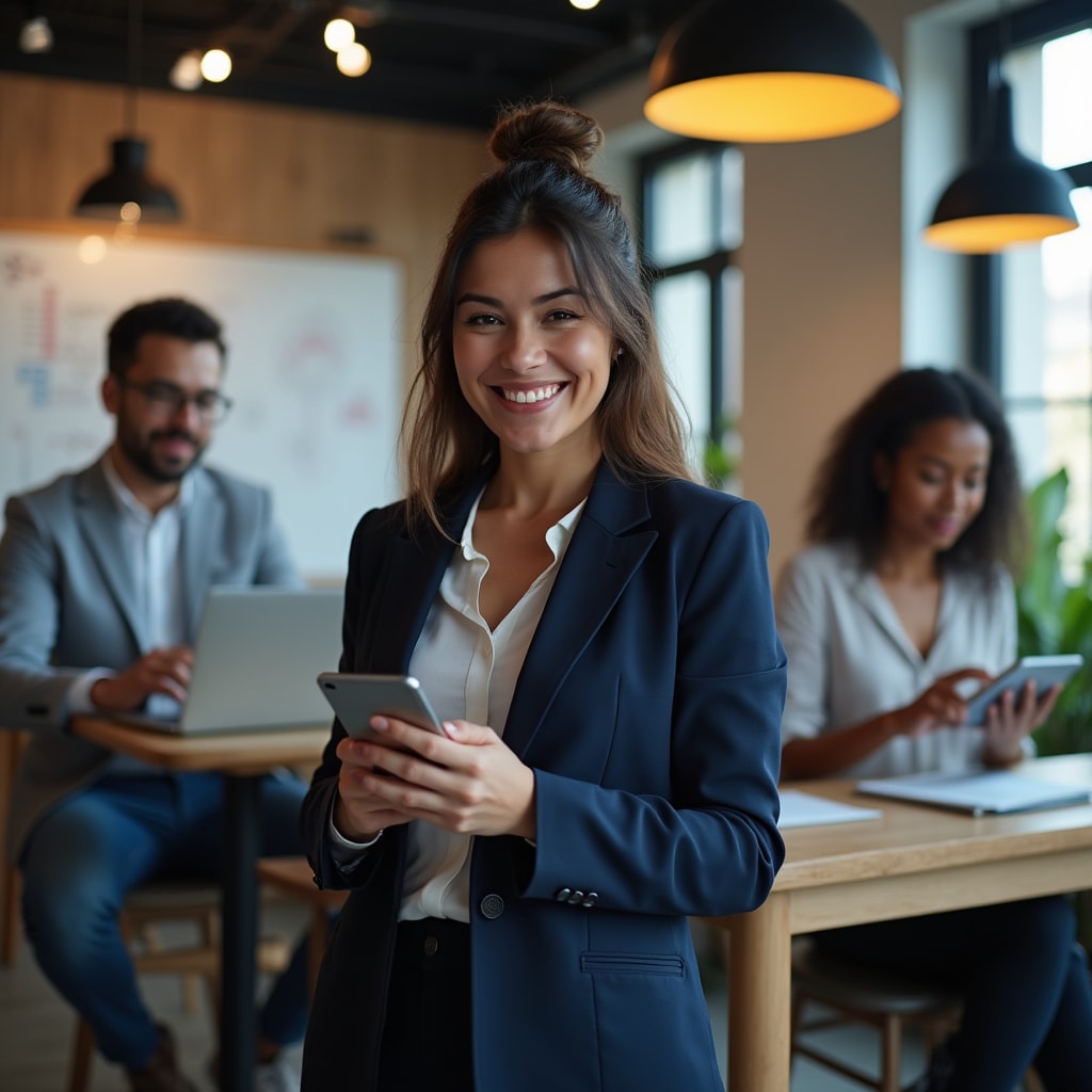 Equipo profesional colaborando remotamente con dispositivos móviles